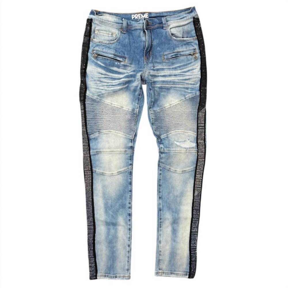 NEW PREME men's moto stoned jeans in indigo